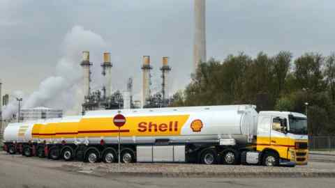 Shell fuel tanker trucks are parked at the Shell Pernis refinery in Rotterdam, Netherlands