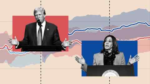 Montage image of Donald Trump and Kamala Harris with a chart in the background