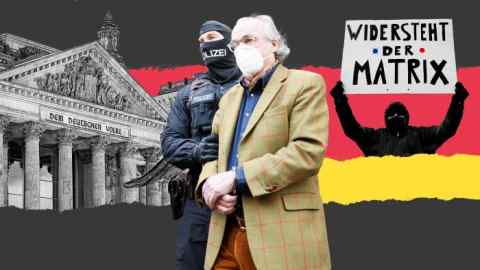 Heinrich XIII Prince Reuss under arrest by a masked police officer with the Reichstag building in the background and a masked activist holding up a ‘resist the matrix’ banner