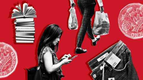 Montage of Person with Sainsbury’s bags, woman using phone, M&S Jeans, books (Waterstones)