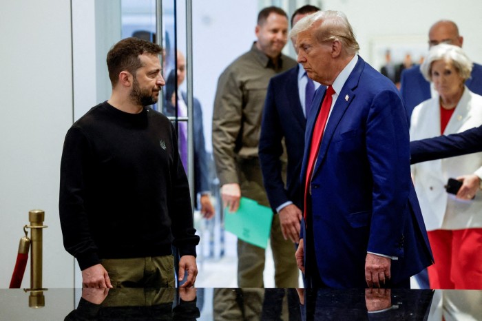 Republican presidential nominee and former US President Donald Trump meets Ukraine’s President Volodymyr Zelenskyy at Trump Tower in New York on September 27 2024