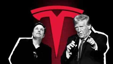 Montage of Elon Musk, Donald Trump and Tesla logo