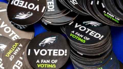 Philadelphia Eagles ‘I Voted’ stickers available during a get-out-the-vote event at city hall on October 29.