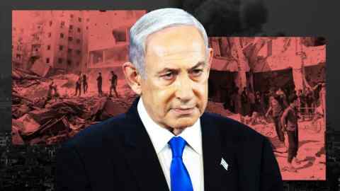 Montage of Benjamin Netanyahu and destroyed buildings