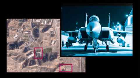 Combination image of an Israeli Air Force plane, which the Israeli army says is departing to carry out strikes on Iran, and satellite image of Iran’s Parchin military base