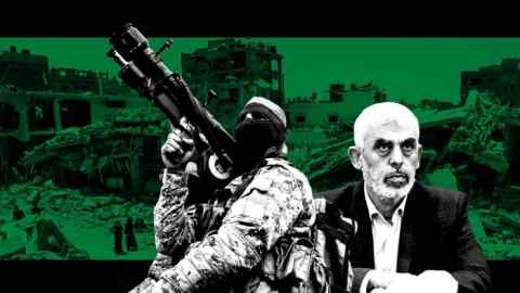 A montage showing an armed member of the Qassam Brigades, Hamas’s military wing, Yahya Sinwar, and Jabaliya, northern Gaza in background