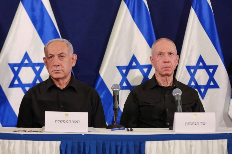 Israeli prime minister Benjamin Netanyahu and defense minister Yoav Gallant during a press conference in the Kirya military base in Tel Aviv , Israel , 28 October  2023. 