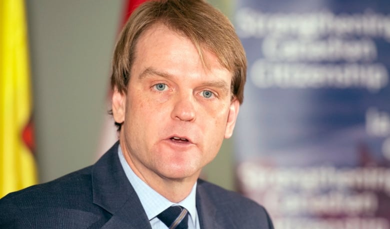 A stately man with reddish-brown hair speaks at a press conference.