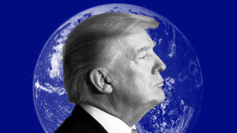 The image features Donald Trump in black and white, prominently positioned in front of a blue background with the Earth in the distance