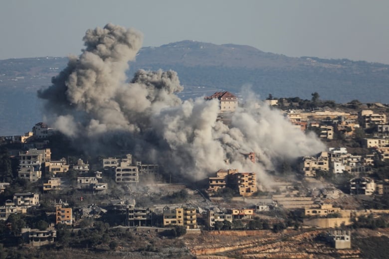 Smoke billows over a village.