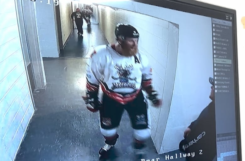 a video screen grab featuring a hockey player ready to fight