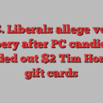 N.S. Liberals allege voter bribery after PC candidate handed out $2 Tim Hortons gift cards