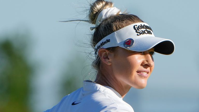 Nelly Korda looks over the 18th green during the final round of the Mizuho Americas Open golf tournament, Sunday, May 19, 2024, in Jersey City, N.J. (AP Photo/Seth Wenig) 