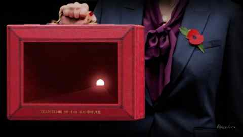 James Ferguson illustration of the chancellor holding the Budget red box, which at its centre has a tunnel with a light at the end of it