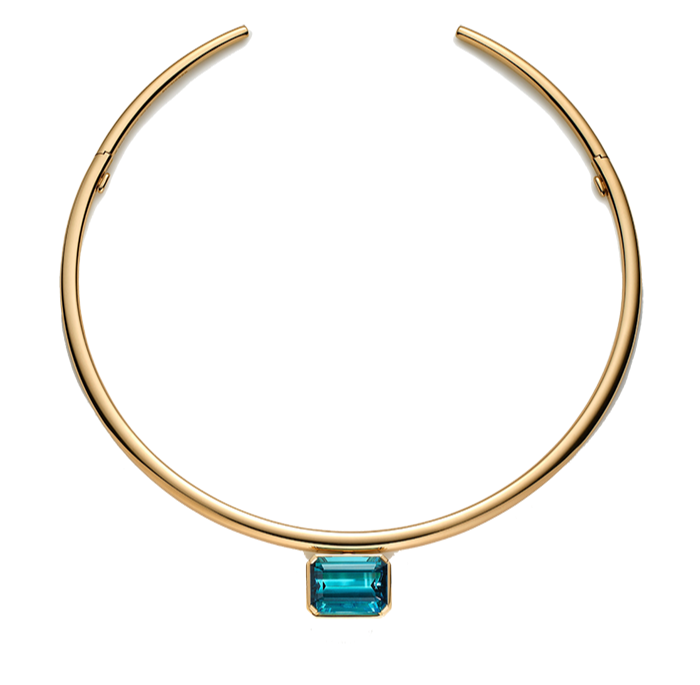 Elegant gold necklace with a minimalist design, featuring an emerald-cut blue gemstone