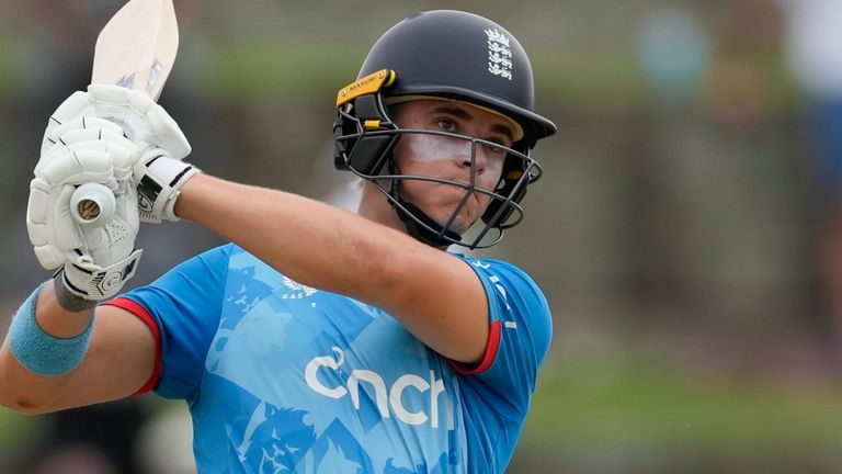 England's Jacob Bethell hits a four from the bowling of West Indies' Alzarri Joseph during the first ODI cricket match at Sir Vivian Richards Ground in North Sound, Antigua and Barbuda, Thursday, Oct. 31, 2024. (AP Photo/Ricardo Mazalan)