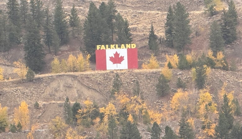 A giant Canadian flag on a hillside topped by the words, Falkland, in yellow.