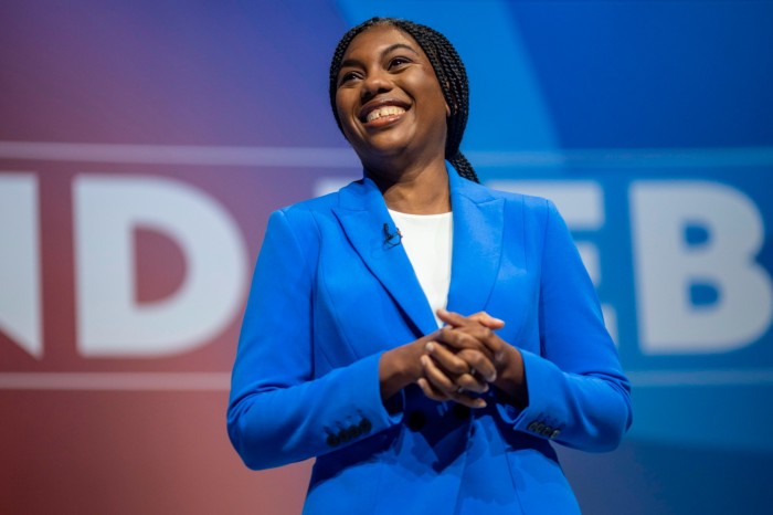 Kemi Badenoch, speaks on stage at the Conservative Party conference in Birmingham