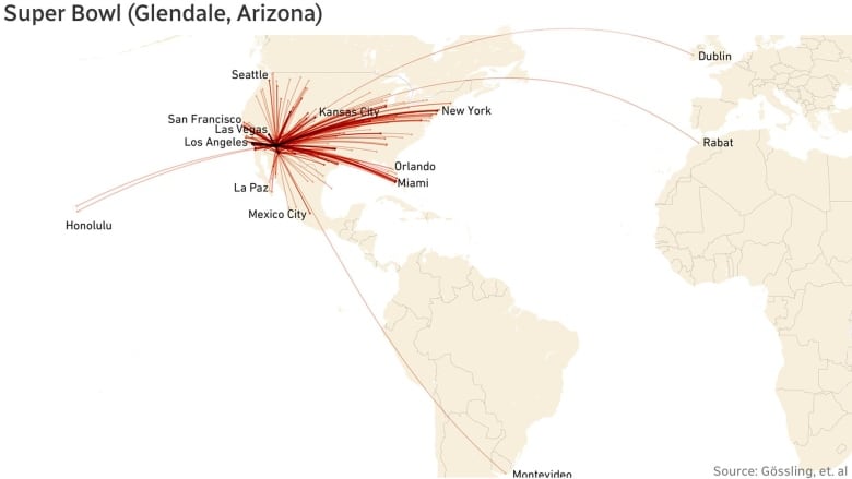 A map of North and South America with red lines showing the path of private jets.