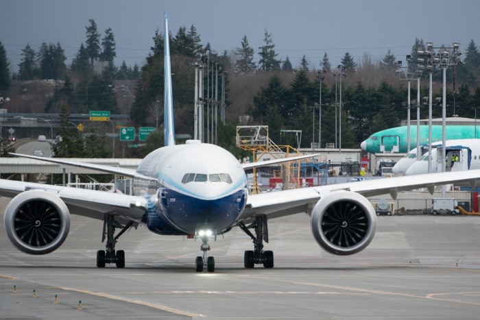 A Boeing 777X airplane taxis at the Paine Field airport in Mukilteo, Washington